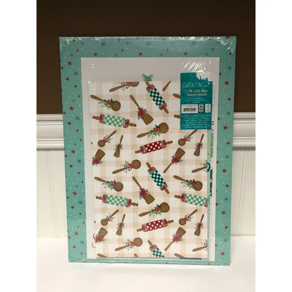 Pioneer Woman Christmas Holiday Gift boxes Set Rolling Pin Toss 5Pk White Teal